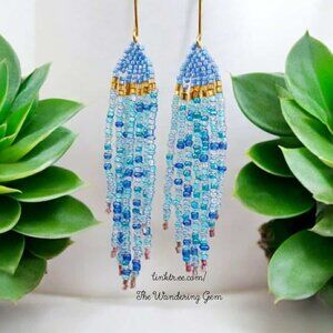 Boho Beaded Fringe Cascade Shoulder Duster Dangle Earrings, Blue & Gold 3.5"